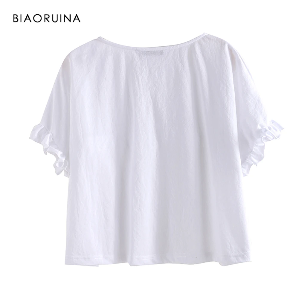 BIAORUINA المرأة الأبيض عارضة كل مباراة تي شيرت قصير الكشكشة الإناث الحلو الصلبة المحملات الصيف المرأة أنيقة قمم BIAORUINA المرأة الأبيض عارضة كل مباراة تي شيرت قصير الكشكشة الإناث الحلو الصلبة المحملات الصيف المرأة أنيقة قمم