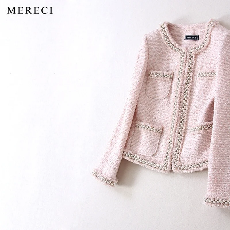 

Elegant Women Sweet Light Pink Tweed Jacket Casaco Feminino Fashion Spring Autumn Female Beading Jacket Jaqueta Feminina Y097