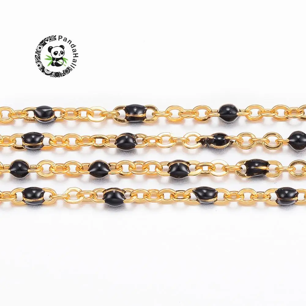 

304 Stainless Steel Cross Chains, with Enamel, Golden, Black, 1.5mm; Links: 2x1.5x0.5mm; 10m/Roll
