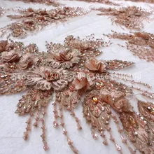 La Belleza 1 ярдов телесного/розового/зеленого тяжелого кружева ручной работы, бисером кружева, 3D Цветы свадебное платье кружевная ткань