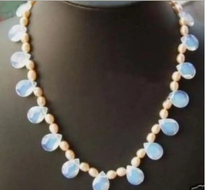 

FREE SHIPPING *****Pink Rice Pearl White Drop-Shaped Opal Necklace 17.5"AAAA0066