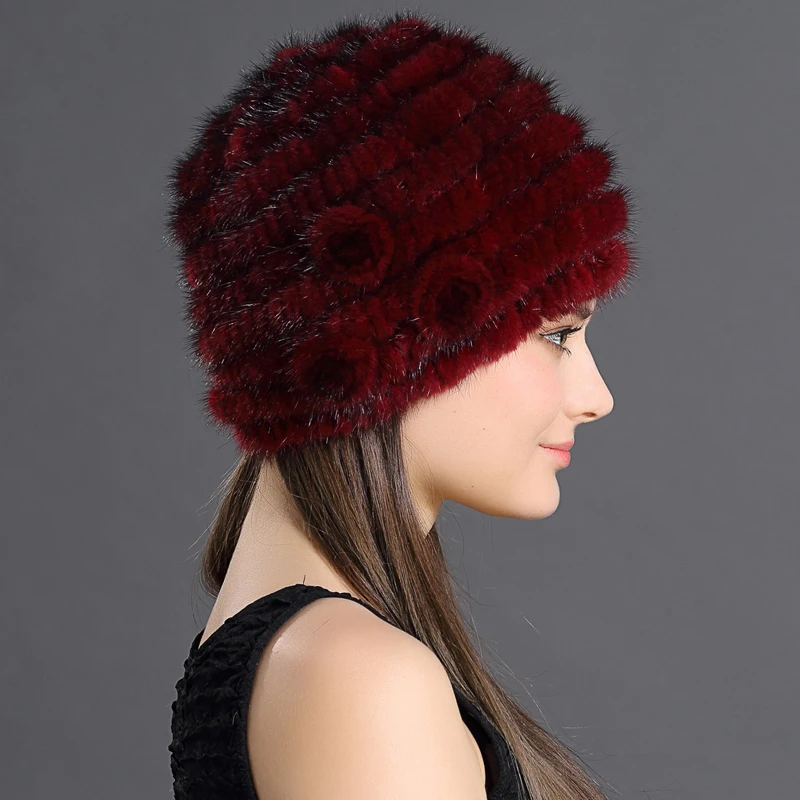 Натуральные утепленные шапки, зимние русские Женские однотонные вязаные защитные шапки с красивыми цветами, утепленные женские толстые шапки