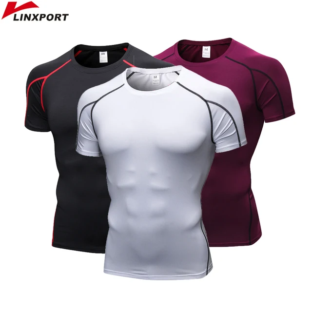 US $8.49 Running Shirst Men Gym Tights Short Sleeve Fitness Sports T Shirt Bodybuilding Mens Rashgard Dry Fi