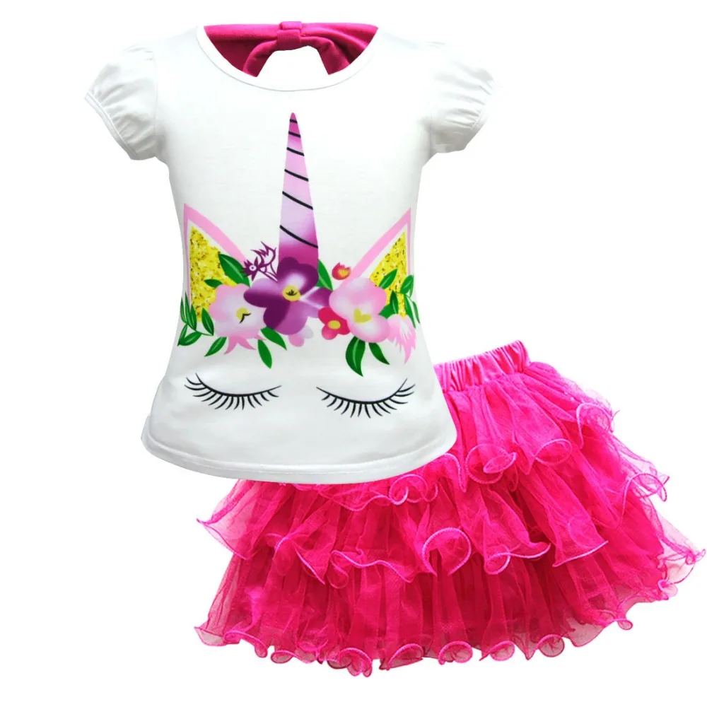 Toddler Kids Baby Girls Clothes Unicorn T-Shirt+Tulle Skirt 2PCS Birthday Outfits Suit Kids Children Summer Clothing Sets - Цвет: Арбузно-красный