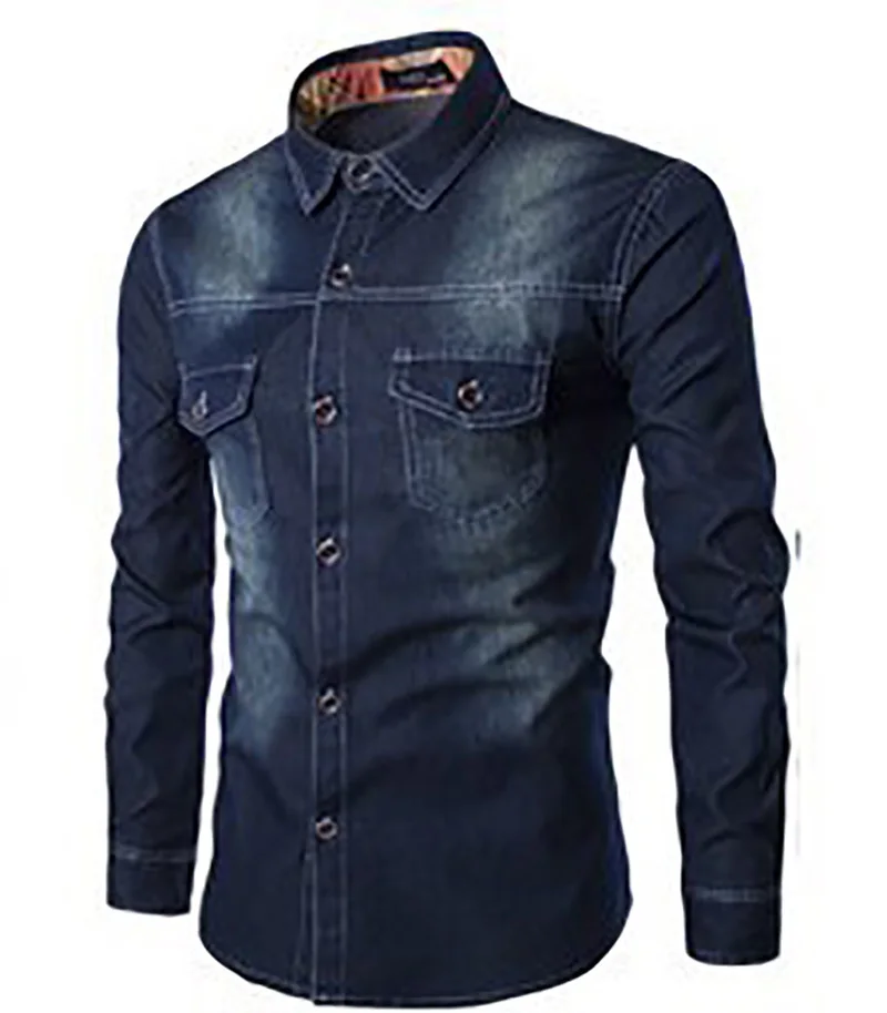 Новое поступление, Мужская джинсовая рубашка, 90% хлопок, одноцветная, с отворотом, длинный рукав, Повседневный, вареный кардиган, тонкая, осенняя рубашка, с карманом, M-6XL - Цвет: Deep Blue
