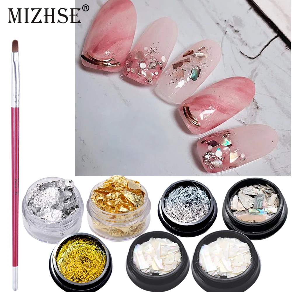 

MIZHSE Colorful Pearl Light Nail SeaShell Slices With Brush Glitter Line Tape Sticker Flakes Sequins Powder Gold Foil Nail Art