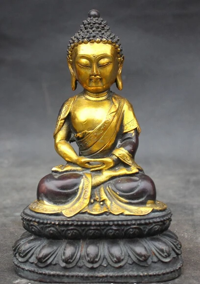

shitou 003272 6" Chinese Buddhism Bronze Gilt Carving Seat Shakyamuni Amitabha Buddha Statue