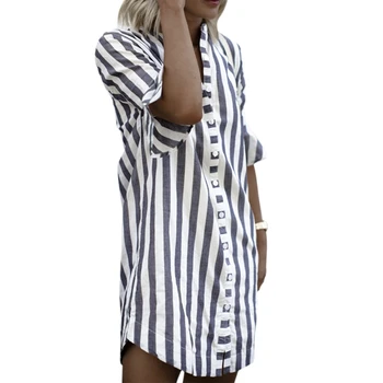 

Women Horn Sleeve Striped Half Sleeve Tops Long Blouse Ladies striped trumpet sleeves long shirt top