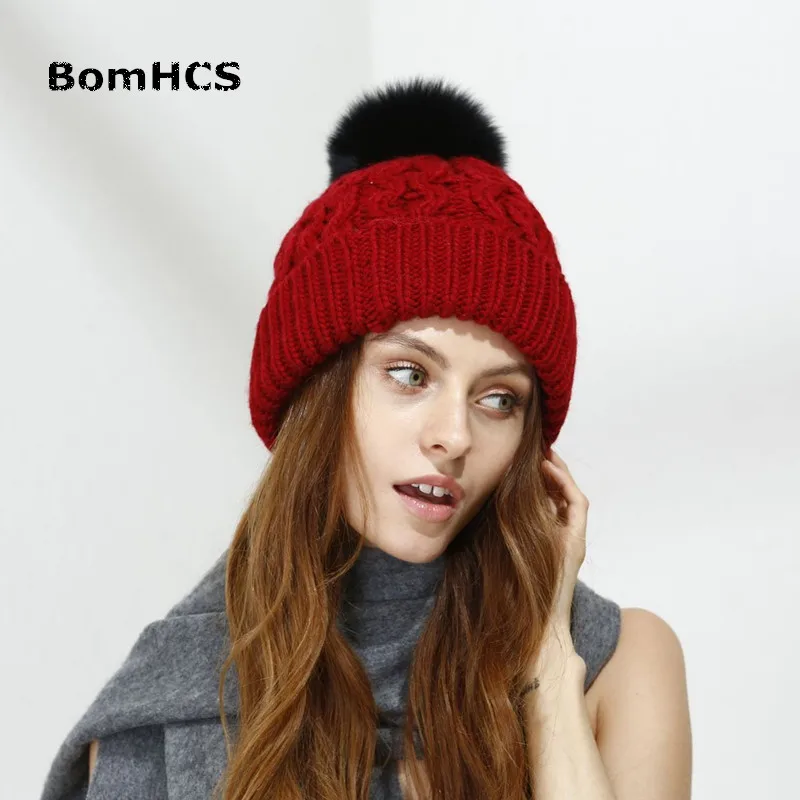 BomHCS Для женщин зима ручной вязки шапочка помпоном Hat с напуском Hat лыж Кепки
