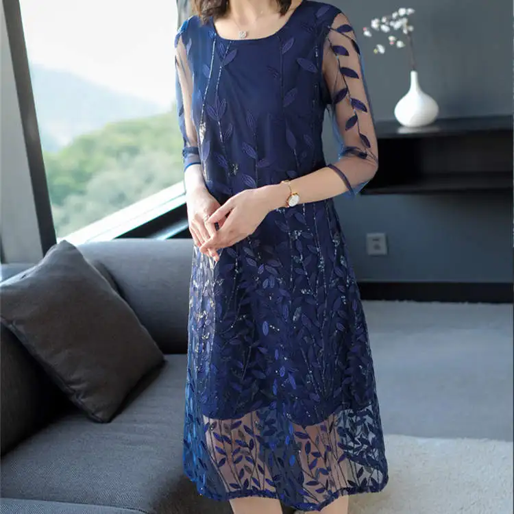 Корейские кружевные платья с блестками размера плюс, Повседневное платье с цветочной вышивкой и золотыми пайетками, женское летнее Сетчатое винтажное платье средней длины 4XL - Цвет: Синий