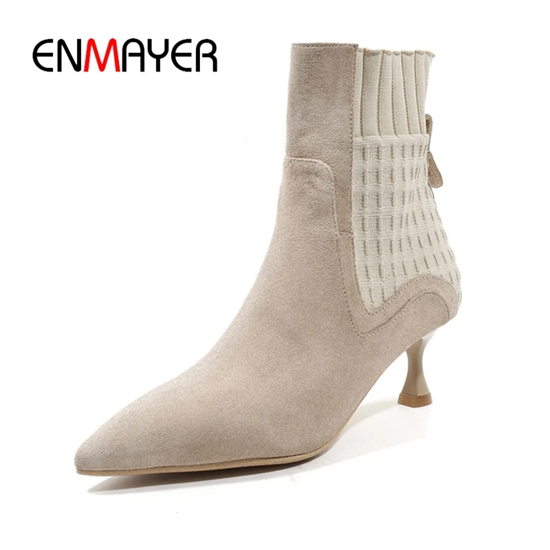 

ENMAYER New Fashion women back butterfly-knot slip-on ankle boots lady solid pointed toe thin heel boots Size 34-40 ZYL850