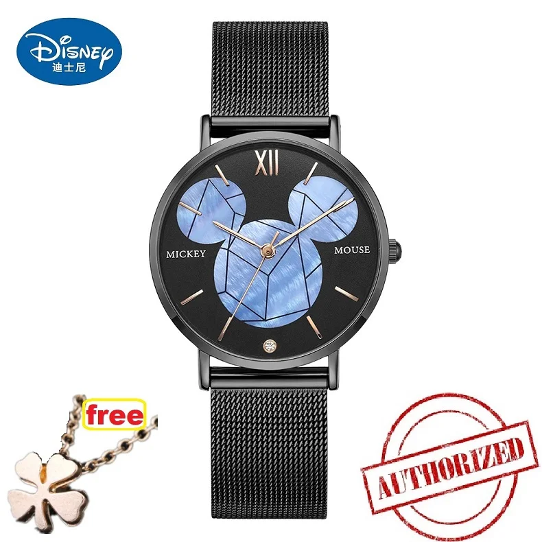 Disney бренд Микки Маус rhinstone женские японские кварцевые часы женские слюды из нержавеющей стали водонепроницаемые - Цвет: BLACK