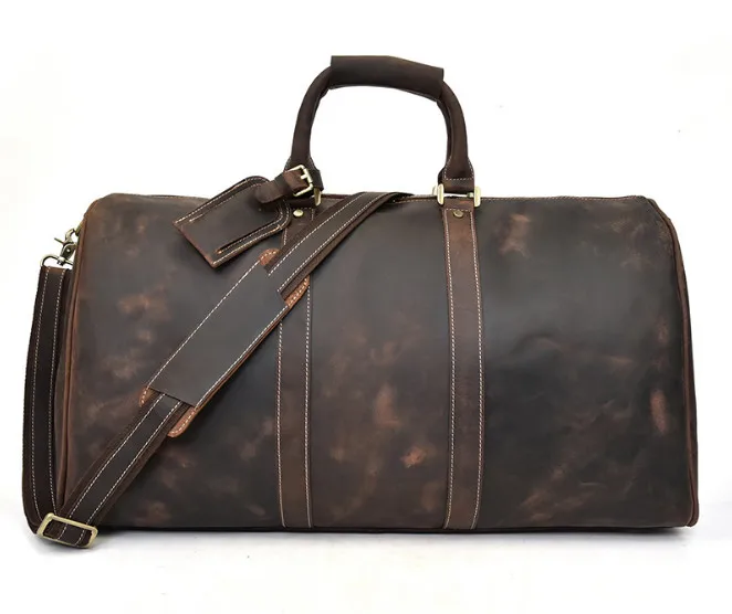 Vintage genuine leather cow skin men casual large holdall 60cm