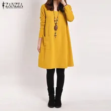 ZANZEA 2016 Autumn Women Dress Casual Loose Solid Pockets Female Long Sleeve V Neck Dresses Vestidos Femininas Plus Size