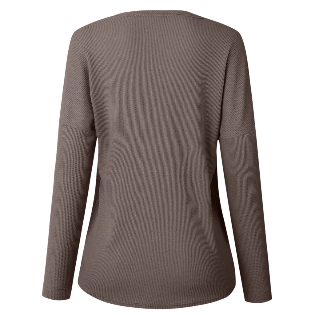 Модная женская Повседневная футболка с длинным рукавом, футболка Хенли, вязаная рубашка на пуговицах, туника, топы, женская одежда, футболки