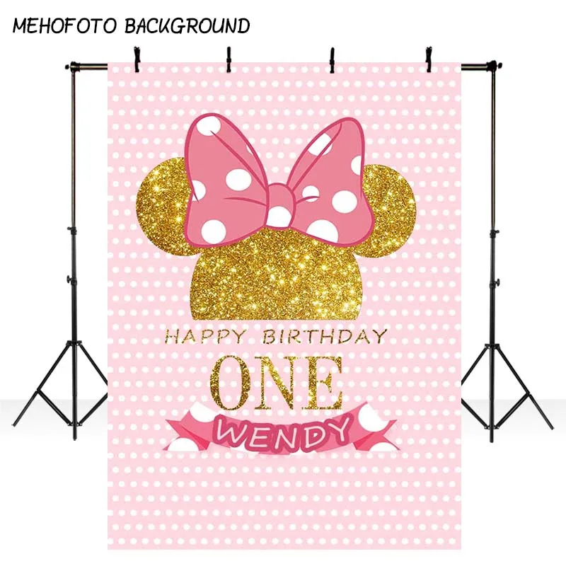 

Birthday Photography Backdrop Pink Wave Point Minnie Mouse Photo Background Printing Party Backdrop Cake table Decorate PA-042