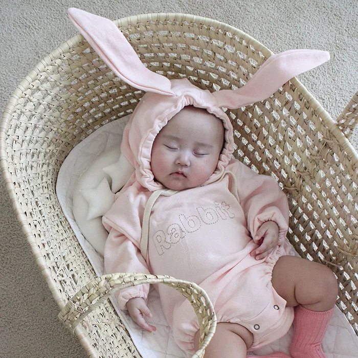 

Autumn cute letter embroidery rabbit ears hooded long sleeve rompers for baby boys girls 0-2 years infant kids cotton outfit