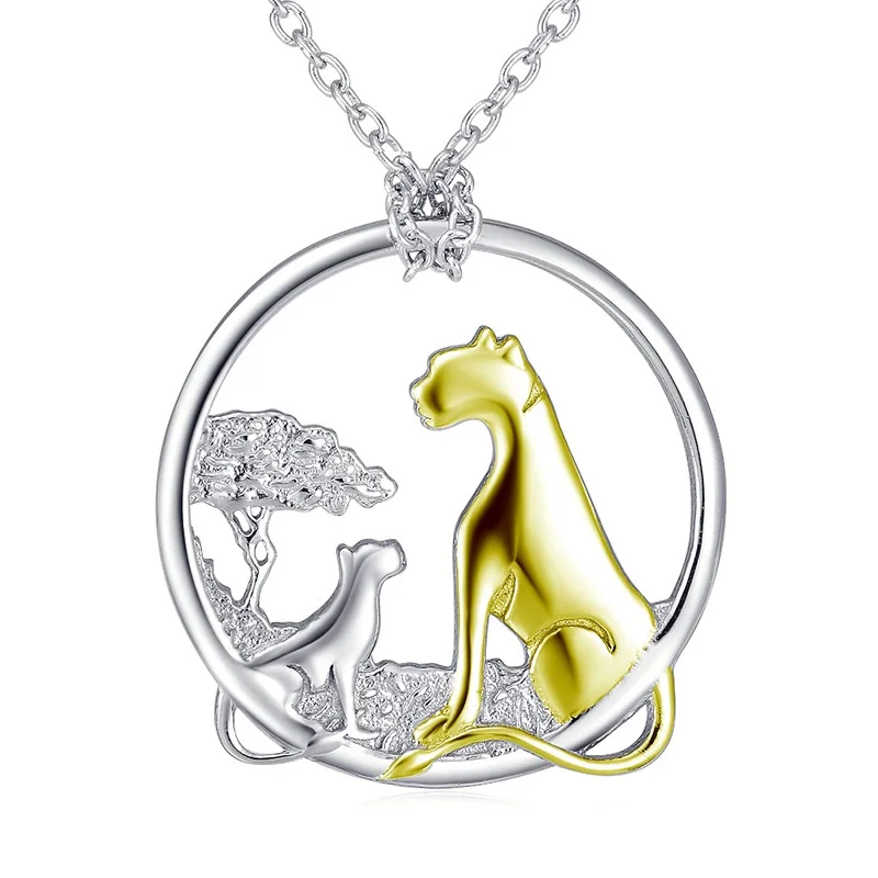 

Golden Unique Panther Solid 925 Sterling Silver Animal Pendant Necklace with Silver Chain Leopard Tiger with baby together