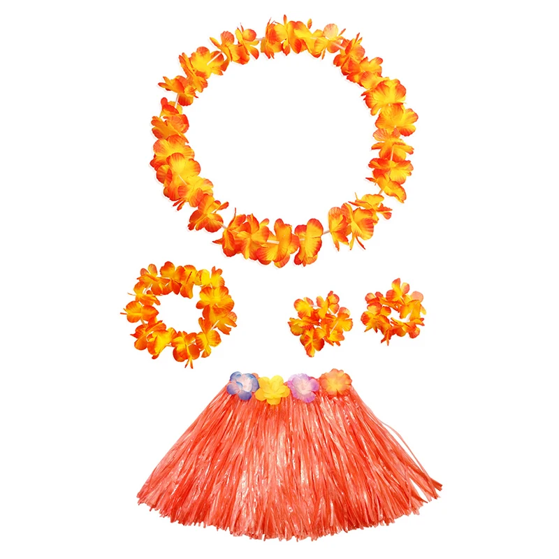 

Kids Hawaiian Grass Lei Skirt Flower Wristband Garland Fancy Costume Suit