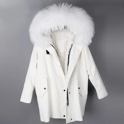 MaoMaoKong Новое Брендовое меховое пальто, пальто, зимняя куртка, Дамское вельветовое большое пальто с натуральным мехом енота, теплое пальто с подкладкой из натурального меха ягненка - Цвет: white coat white fur