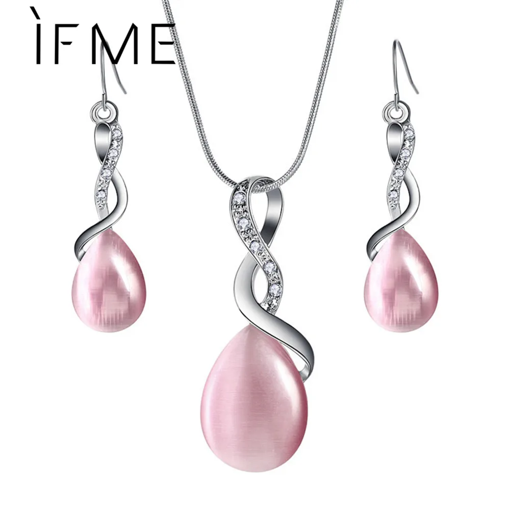 

IF ME Trendy Spiral Water Drop Jewelry Sets for Women Silver Color Opal Crystal Pendant Necklaces Earrings Party Wedding Jewelry