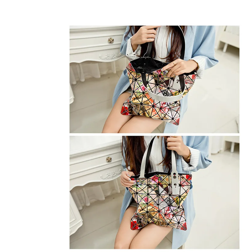 Fashion Ladies Folded Geometric Plaid Bag Women Laser Bright Casual Totes Bag Shoulder Bags Fold Over Bao Bao Handbags (17)