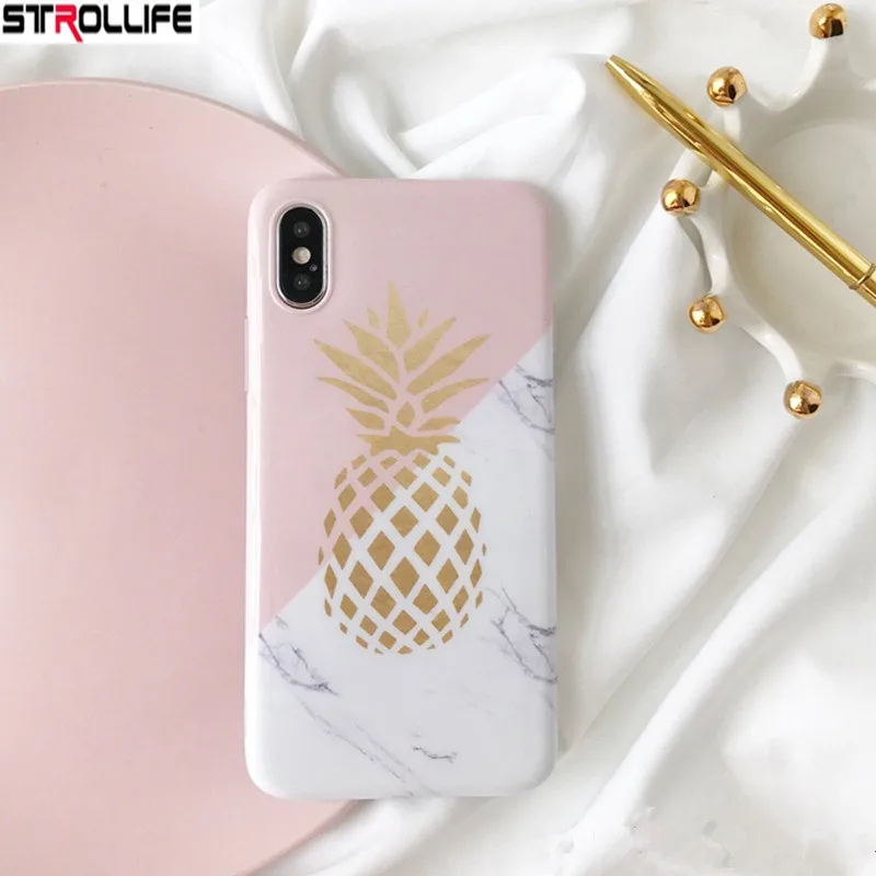 

STROLLIFE Fashion Gold Pineapple Marble Phone Cases For iPhone 8 8Plus capa Smooth Soft IMD Full Cover For iPhone X 6 6S 7 7Plus