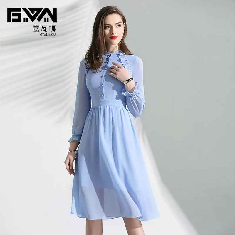 

GYALWANA Spring Clothes Women Office Lady Dress Blue Stand Collar Long Sleeved Knee Length A Line Elegant Dresses with Ruffles