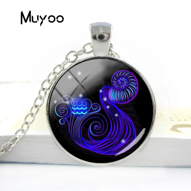 

12 Zodiac Leo Virgo Long Chains Glass Cabochon Pendant Zodiac Sign Necklace Silver Plated Pendants Birthday Gift for Women Men