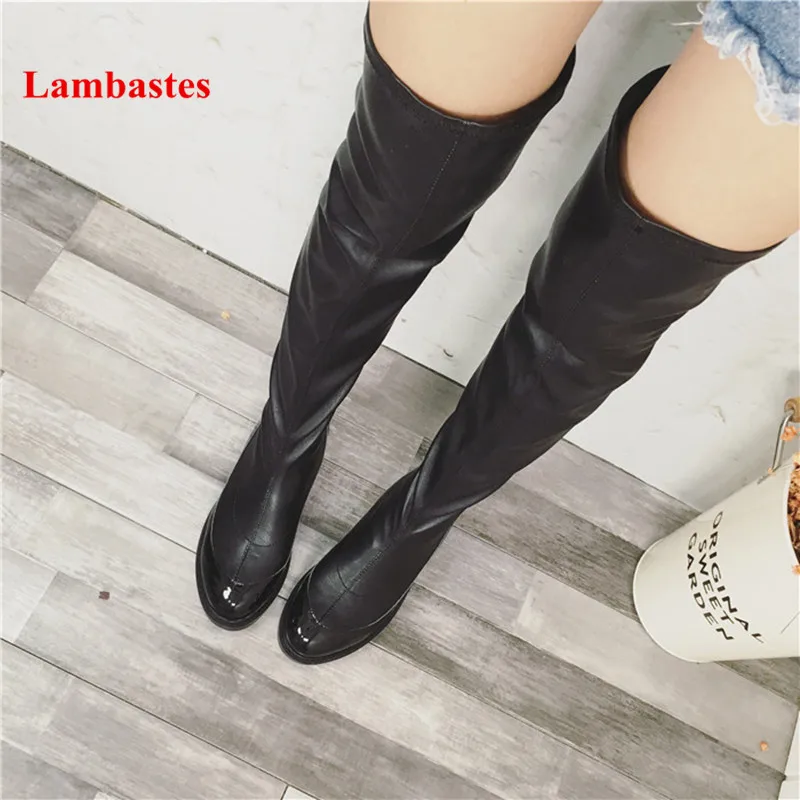 

Bottines Femme Patent Leather Black Patchwork Luxury Brand Women Over-the-knee Boots Zipper Stretch Shoes Long Botas Femenina