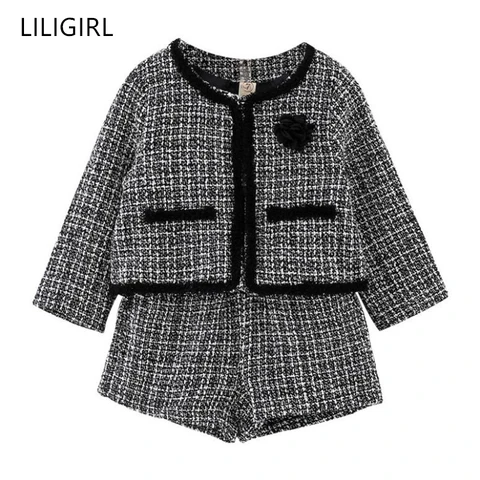 Conjunto de Roupas Jaqueta + Shorts Terno para o Bebê da Boa Traje de Treino Liligirl Crianças Meninas Temperamento Nova Xadrez 2 Pçs Qualidade 2020