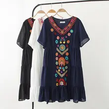 4XL Plus size summer women casual Bohemian style Embroidered V Neck Short Sleeves font b dress