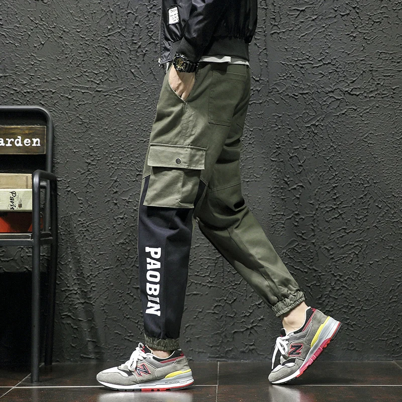 

YASUGUOJI new 2019 Japan Style fashion spliced pockets print cargo pants men elastic waist loose pencil Ankle-Length Pants XXK35