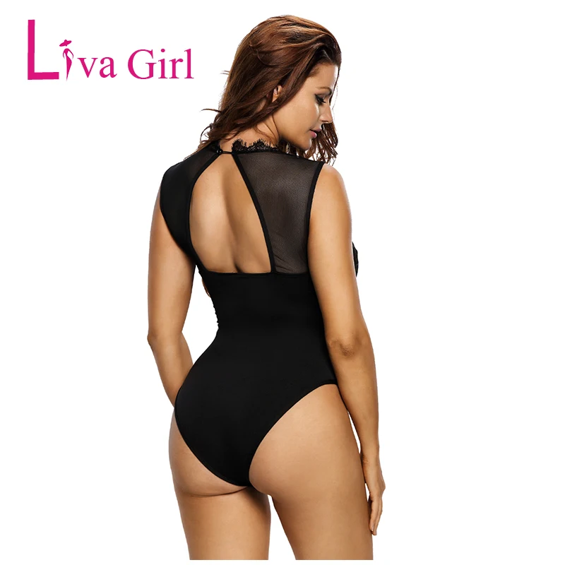 LIVA فتاة الأسود/الأبيض شير بودسوت/ بدلة الجسم المصنوعة من الدانتيل النساء مثير شبكة عارية الذراعين ثوب بودي كون شفافة رومبير امرأة نادي الجسم ...