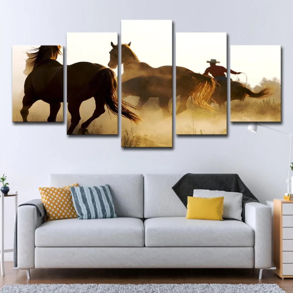 5P2288-HD Printed Cowboys Horses Painting 5 piece Canvas art Print room decor print poster picture canvas Free shipping (3  (11)