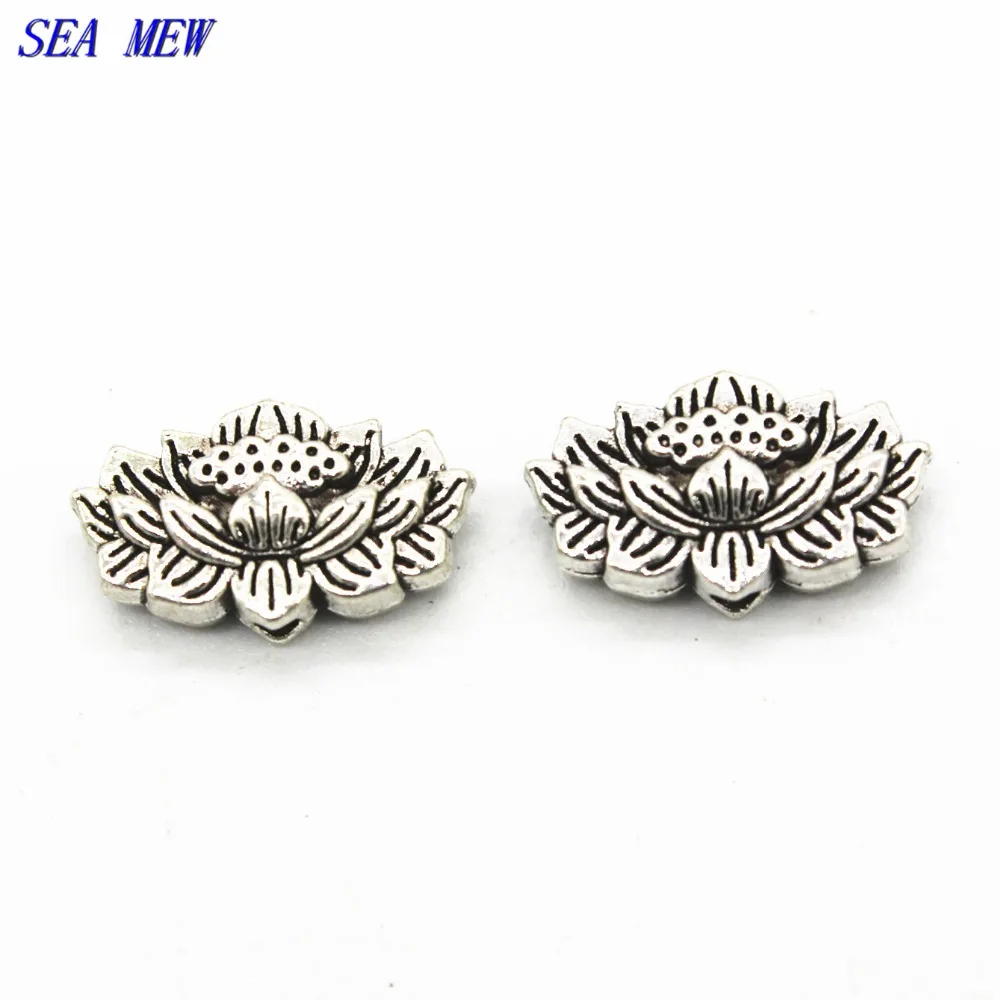 

SEA MEW 20 PCS 15mm*8.5mm Vintage Metal Alloy Antique Silver Lotus Flowers Spacer Beads DIY Bodhi Bead For Jewelry Making