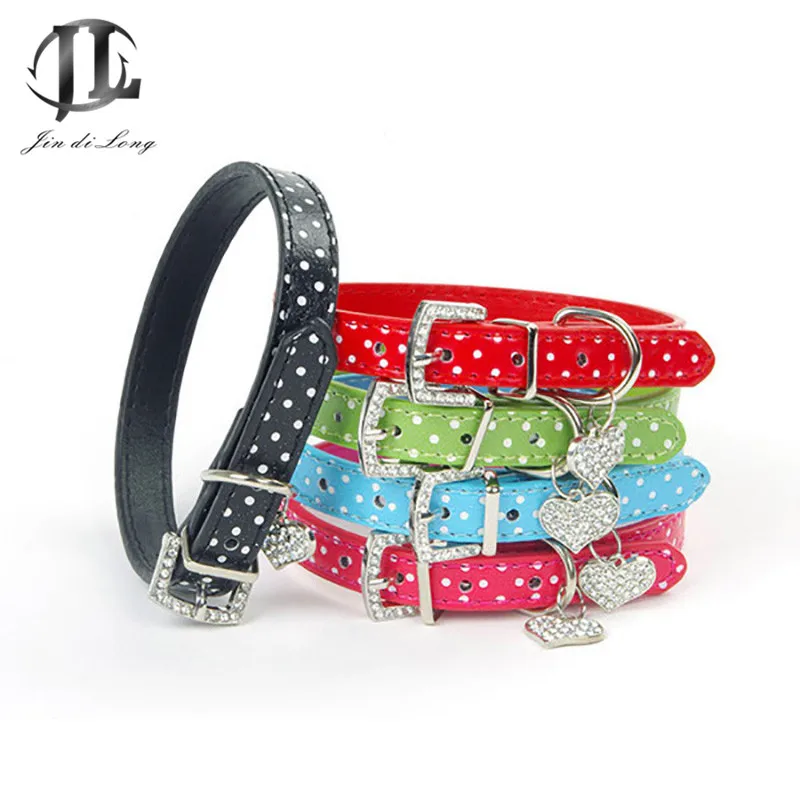 

New Lovely PU Leather Cute Dot Stylish Candy Color Rhineston Heart Shape Pendant Pet Dogs Collars Necklace