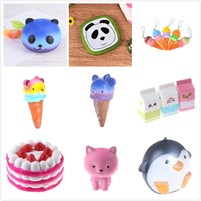 

Face Panda Squishy Bread Anti Stress Slow Rising Fun Kid Toy Cartoon Cake Bun Wholesales cake milk box ice Cream cat penguin