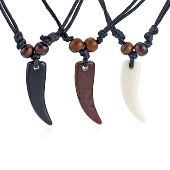 

12pcs Immitation Yak Bone Wolf Tooth Charms Pendant Amulet Wood Beads Black Wax Cord Pendant Necklace for Men&Women Jewelry