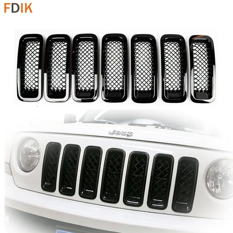 7pcs Glossy Piano Black Front Mesh Grille Grill Inserts Trim Cover