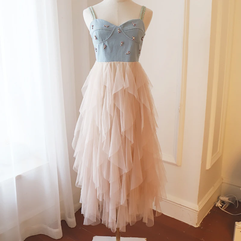 

2019 Spring Women Sleeveless Beading Denim Patchwork Mesh Sweet Party Dress Female Beautiful Dresses A952