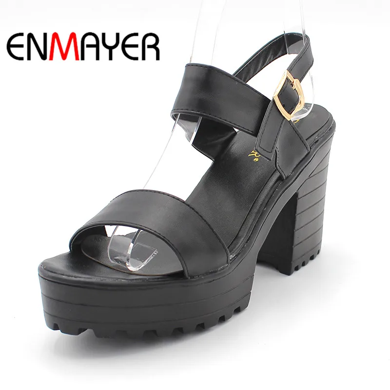 

ENMAYER Shallow White Black New Women Summer Sweet Platform Block Heel Peep-toe Sandals Soft Girl Shoes Block Heels Women Pumps