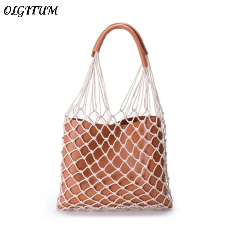 2 Pcs Sets New Fish Net Shape Tote Bag Handmade Rope Knot Woven Handbag ...