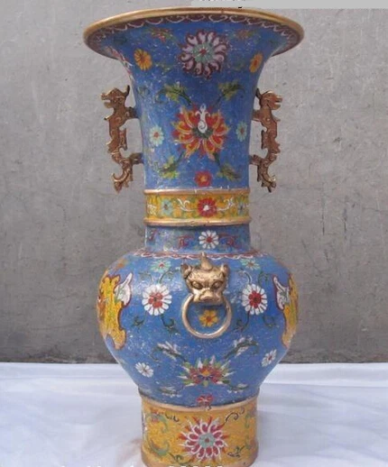 

xd 001677 China Regius pure Bronze Gild cloisonne Foo Dog Lion Dragon beast Zun Vase