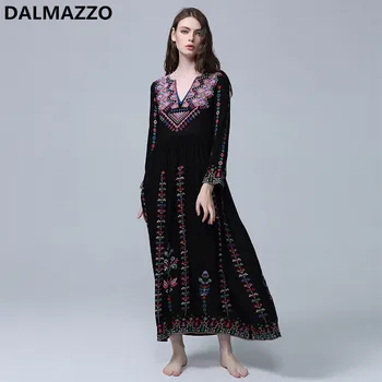 

Harajuku Retro Womans Black Embroidery Loose Waist Maxi Long Dresses 2019 Spring Women V Neck Long Sleeve Runway Long Dress