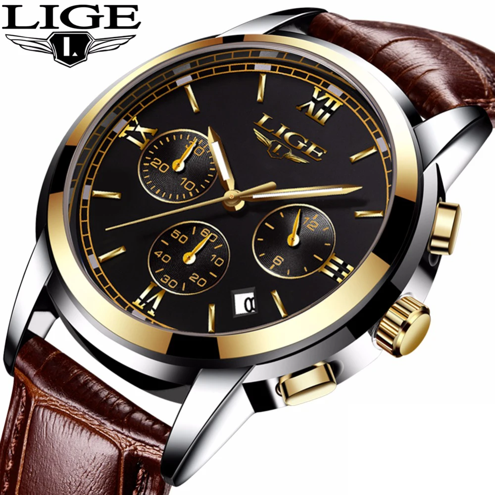 

Relogio Masculino LIGE Mens Watches Top Brand Luxury Leather Casual Quartz Watch Men Military Sport Waterproof Chronograph Watch