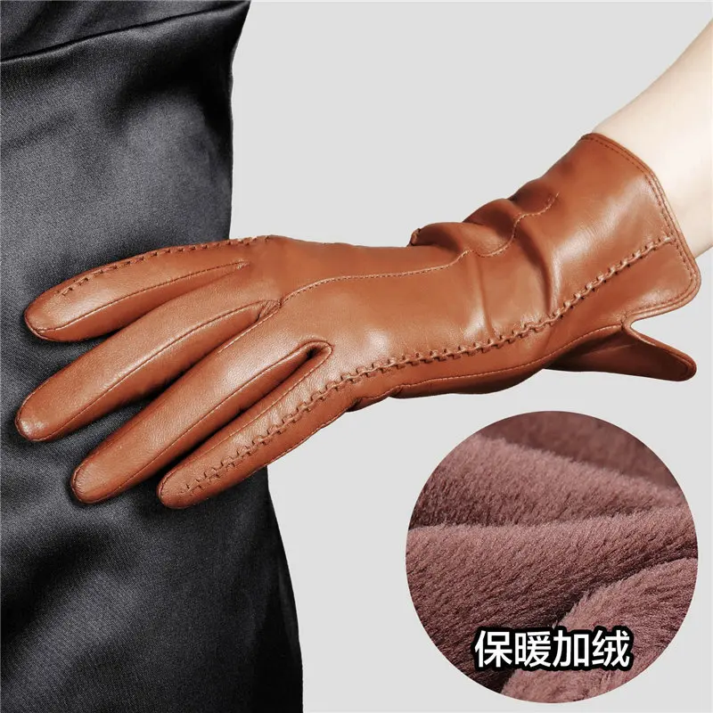 leather brown Женские перчатки из натуральной кожи женские новые стильные теплые плюшевые с подкладкой осень зима овчина вождения варежки L085NC4 - Цвет: leather brown