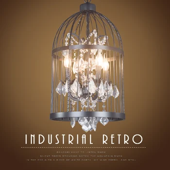 

American loft iron retro bird cage Pendant Light crystal hotel lobby light restaurant lamp villa stairs Pendant Lights