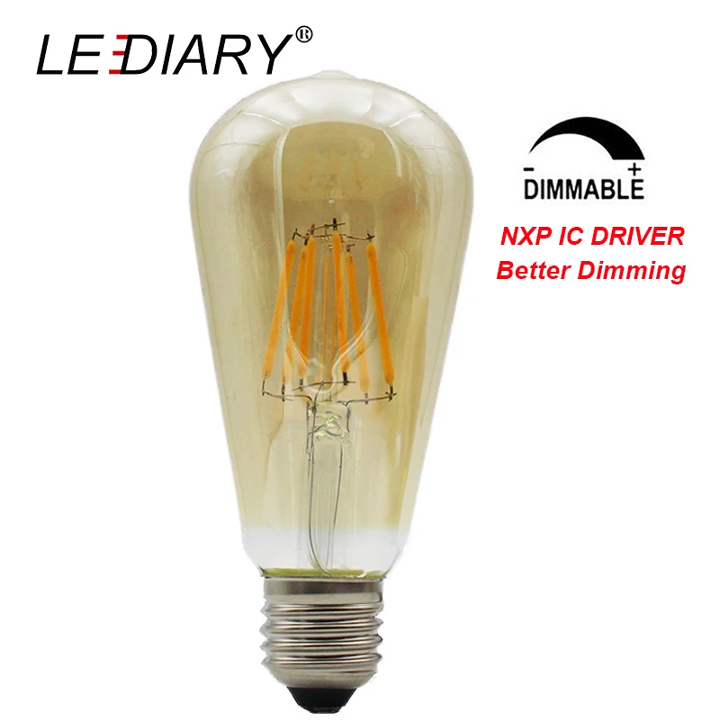 

LEDIARY Dimmable ST64 Vintage LED Filament Bulb ST 64 E27 LED Amber/Gold Edison Lamp 220V NXP IC Driver Better Dimming Real 7.7W