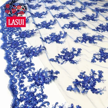 

LASUI 1 yard X0502 High level Rose red blue 3D flower embroidery mesh lace fabric beaded lace applique DIY wedding dress fabric